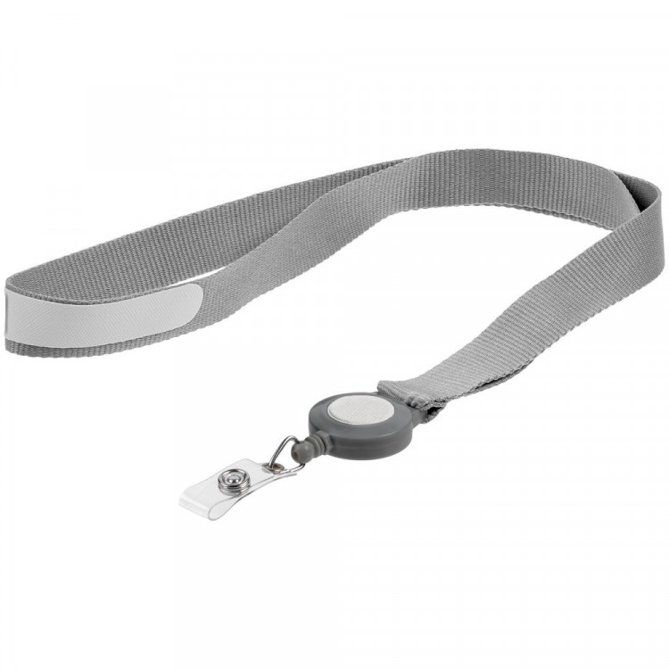 Лента для бейджа с ретрактором Devon, серая с белым