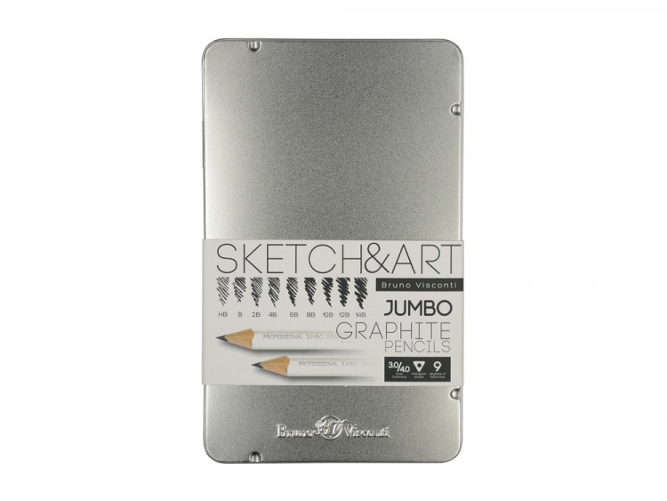 Набор чернографитовых карандашей  Sketch & Art  утолщенные,9 шт. hb-14b,  металлическая коробка с ложементом