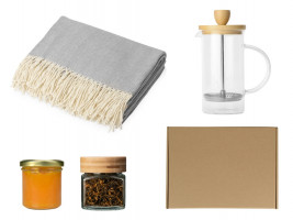 Подарочный набор с пледом, френчпрессом, чаем и вареньем, серый